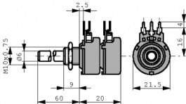 T-21THM0607504A, Potentiometer 2x linear 500 kOhm +- 20 %, Piher