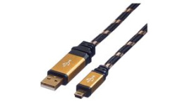 11.02.8822, Cable USB-A Plug - USB Mini-B 5-Pin Plug 1.8m USB 2.0 Black / Gold, Roline