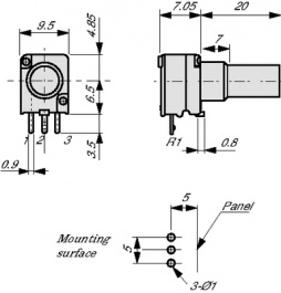 RK09711100FA-ELF, Potentiometer linear 5 kOhm +- 20 %, Alps