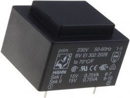 BV EI 302 2009, Трансформатор: залитый; 1,8ВА; 230ВAC; 18В; 18В; 50мА; 50мА; 70г, Hahn