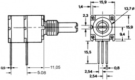 91A2A-B28-D20/D20L, Rotary Potentiometer 2 x 100 kOhm logarithmic, Bourns
