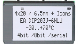 EA DIP203J-6NLW, Dot matrix LCD display 6.45 mm 4 x 20, Electronic Assembly