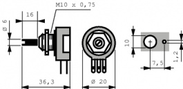 PD210-4B-MB (10 KOHM, 2 W), Wirewound Potentiometer, 10 kOhm, Faston Plug 2.8 mm Angled, Contelec