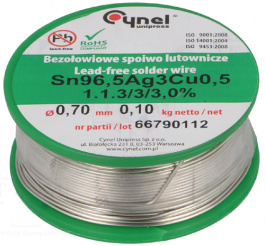 SAC305-0.7/0.1, Припой; Sn96,5Ag3Cu0,5; проволока; 700мкм; 100г; Флюс: No Clean, CYNEL
