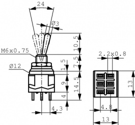 MTE 206P, Miniature Toggle Switch, On-Off-On, Soldering Lugs, Knitter-switch